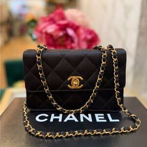 CHANEL Black Satin Quilted Vintage Flap Bag